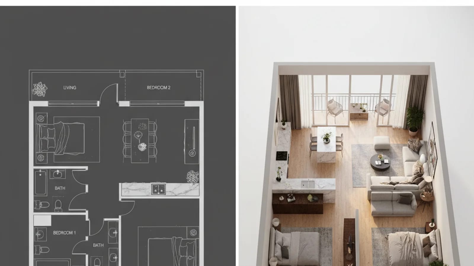 Side-by-side comparison of a flat two-dimensional floor plan and an AI-generated three-dimensional version derived from listing photographs