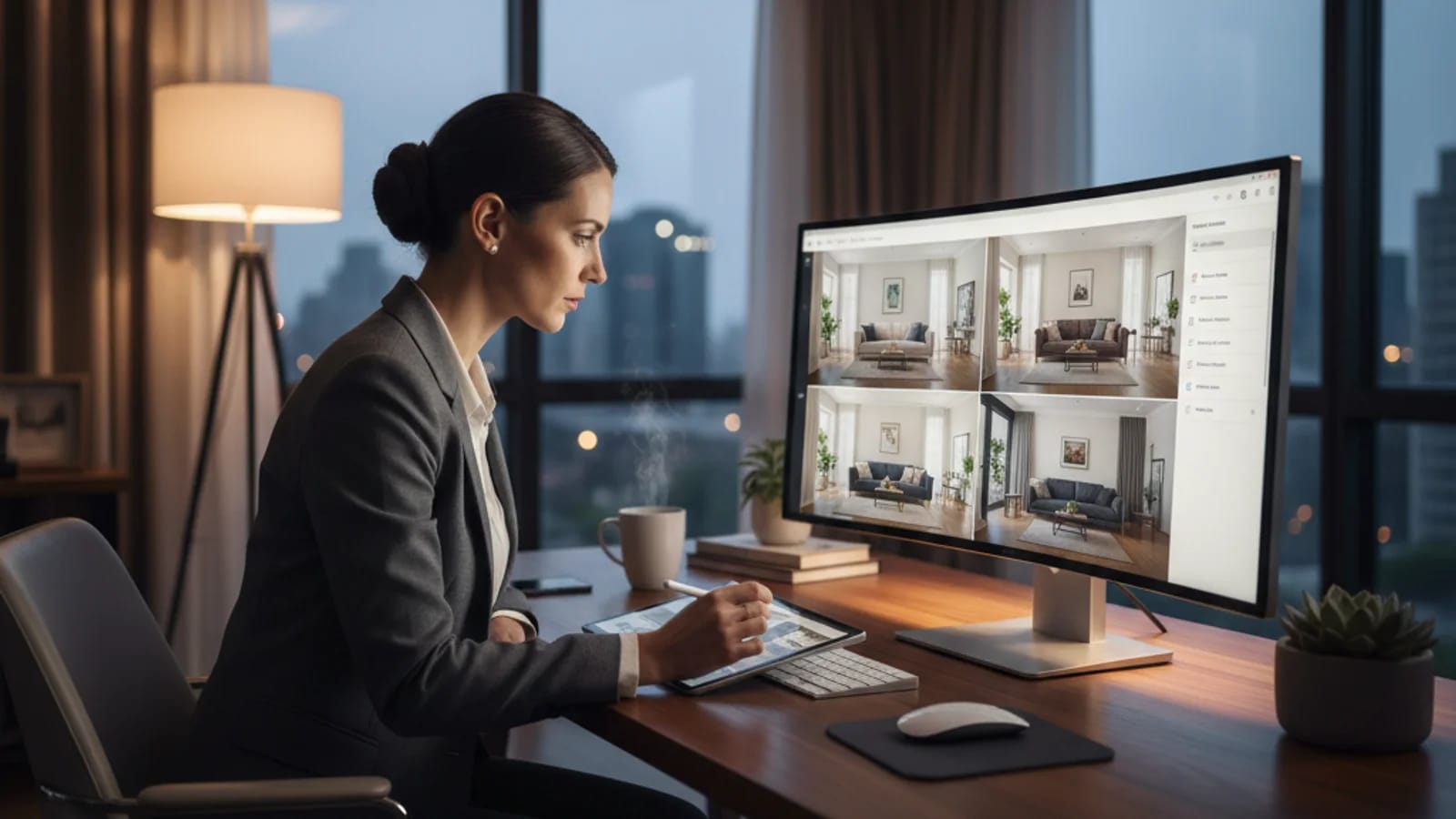 Agent reviewing staged room variations and software workflow criteria on screen
