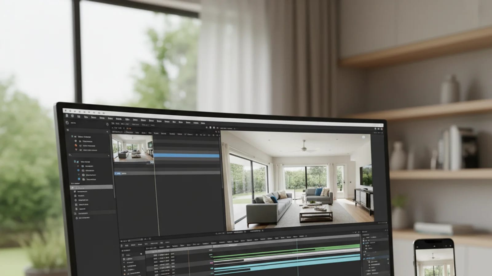 Desktop timeline and mobile preview for a lean property tour video workflow