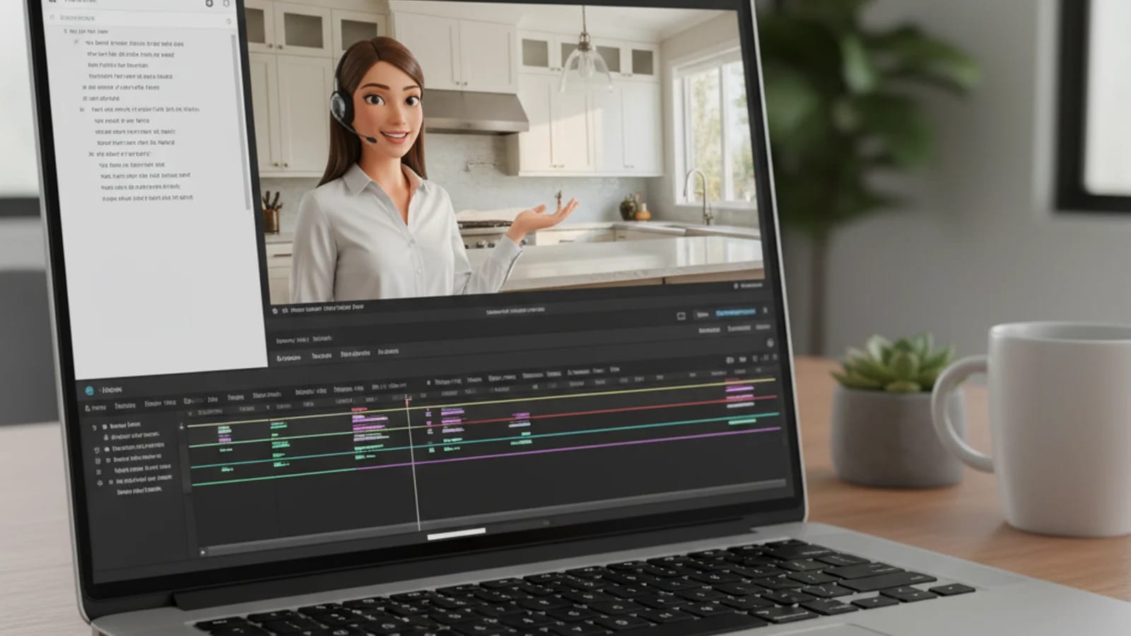 Video editor interface showing AI presenter avatar previewing over a real estate listing photo