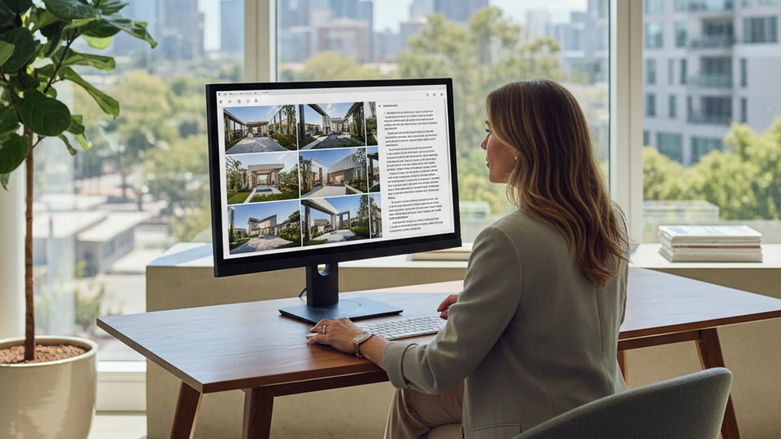 Agent optimizing gallery order and listing copy workflow on a desktop display