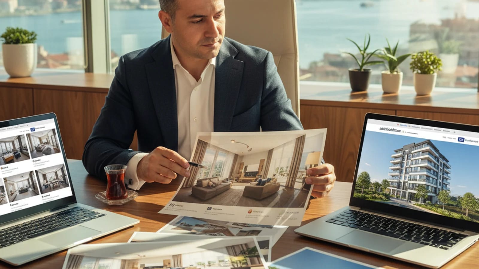 Agent reviewing apartment, balcony, and salon images for Turkey property portals