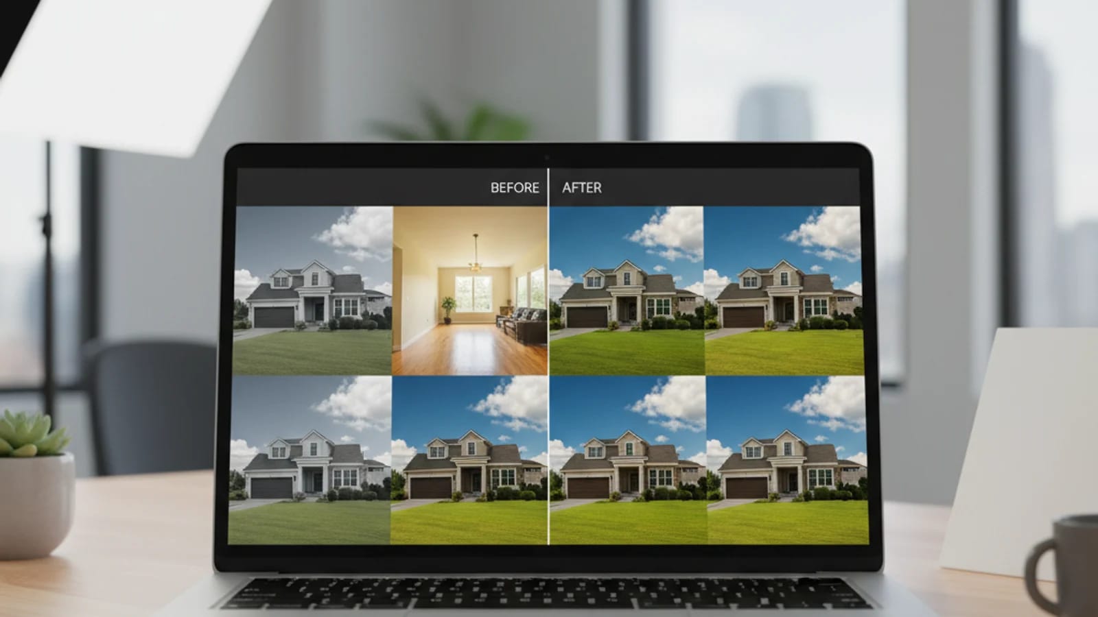 Before and after grid of six real estate photos showing AI batch editing results with corrected color and skies