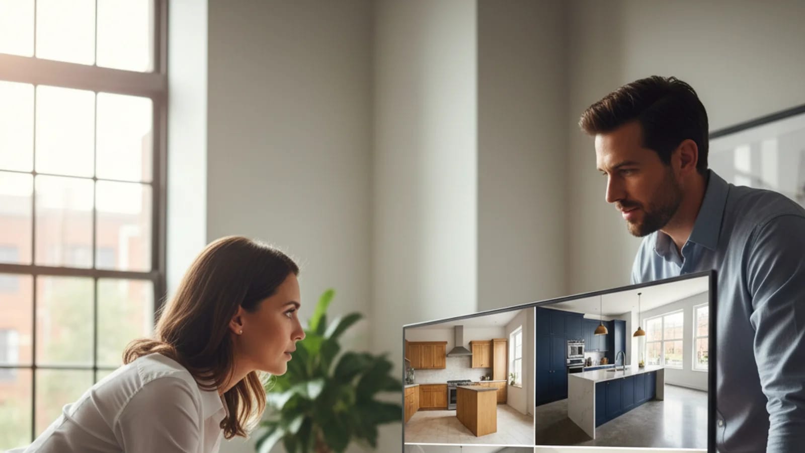 Agent comparing a furnished concept with a modernized renovation concept for an outdated room