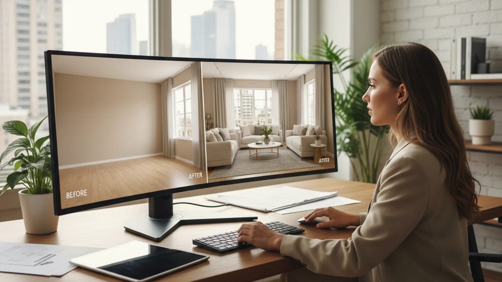 Agent reviewing before and after virtual staging results for a residential listing