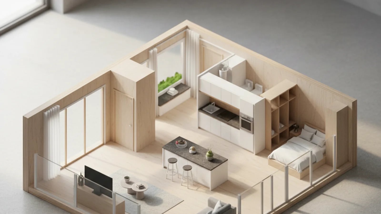 Three-dimensional floor plan reconstructed from listing photos showing a living room, kitchen, and adjacent bedroom in a single isometric view