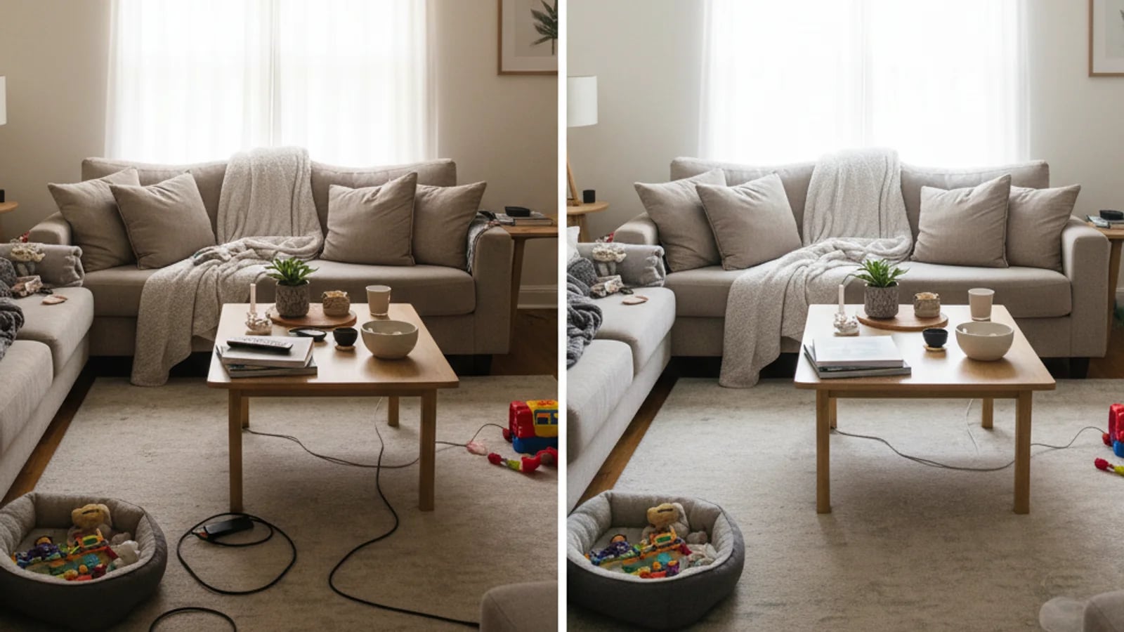 Occupied living room shown in a cleaner, listing-ready comparison workflow