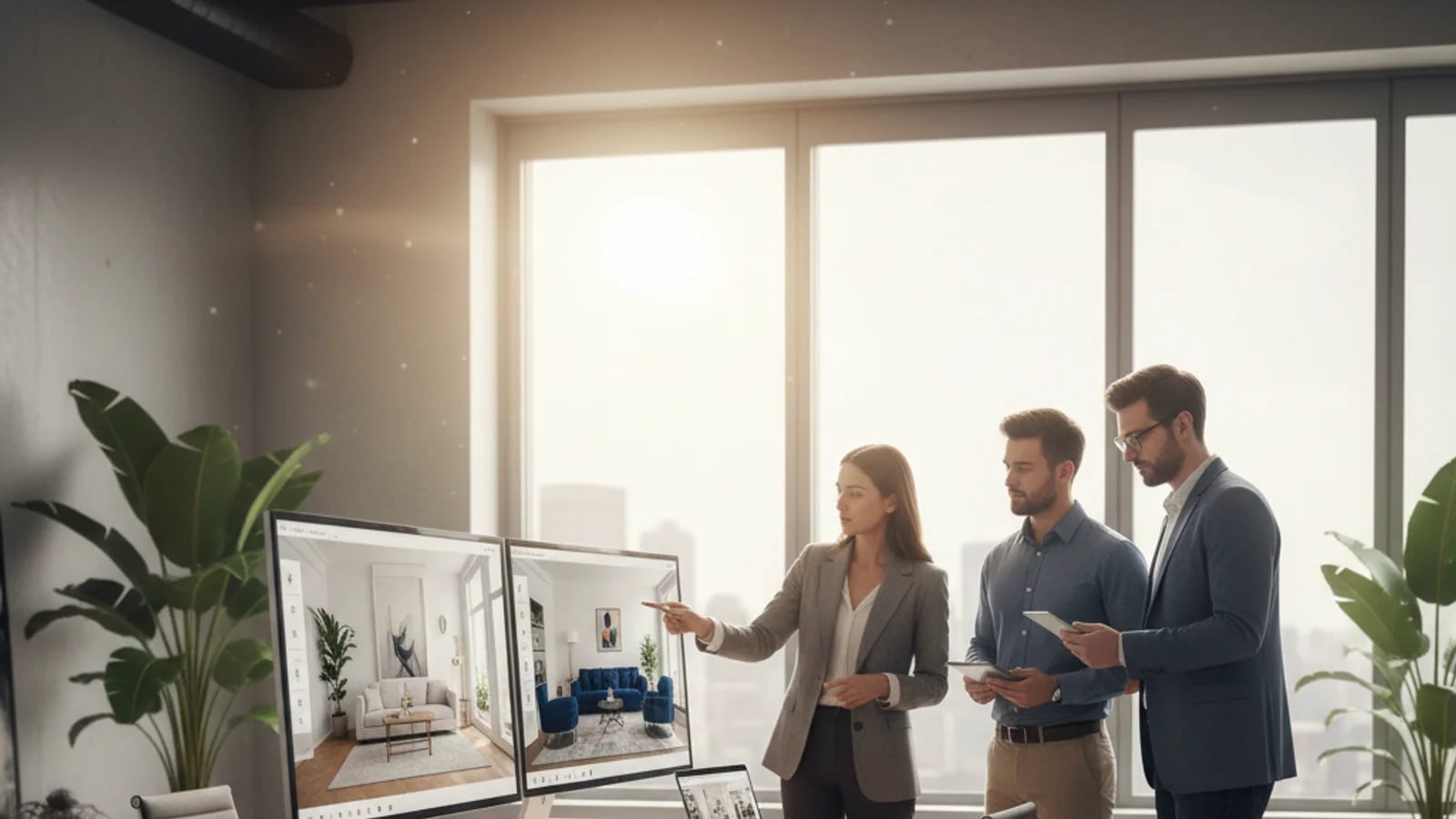 Real estate team comparing virtual staging software options on a premium dashboard setup