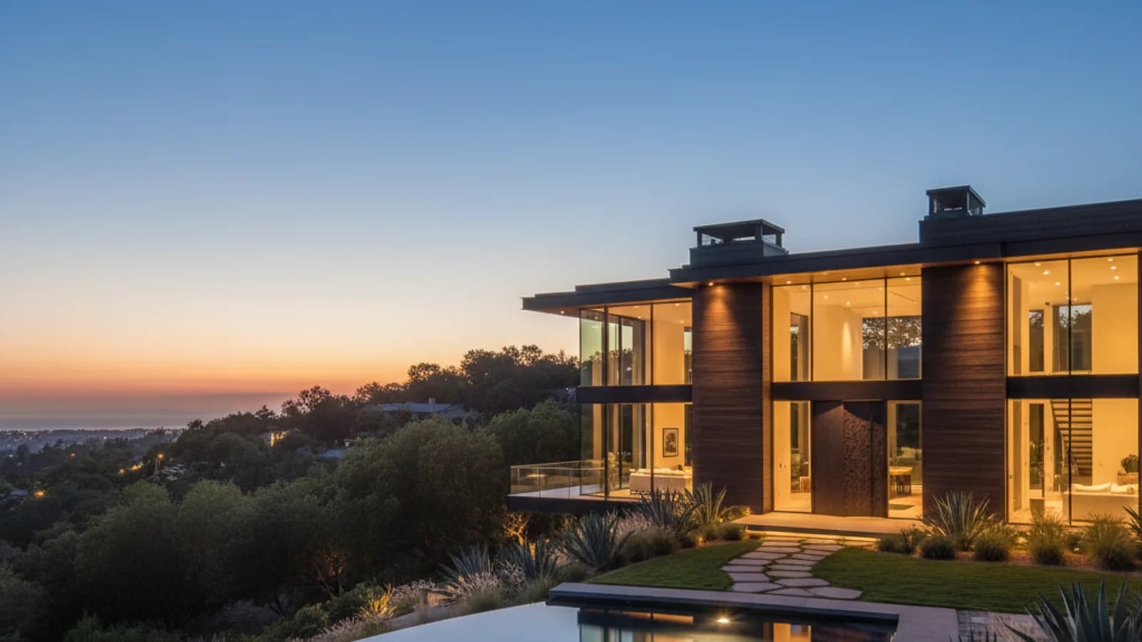 Luxury home exterior transformed from daylight to twilight marketing image