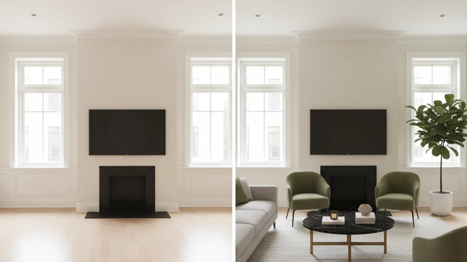 Empty living room shown alongside a virtually staged version for a listing comparison