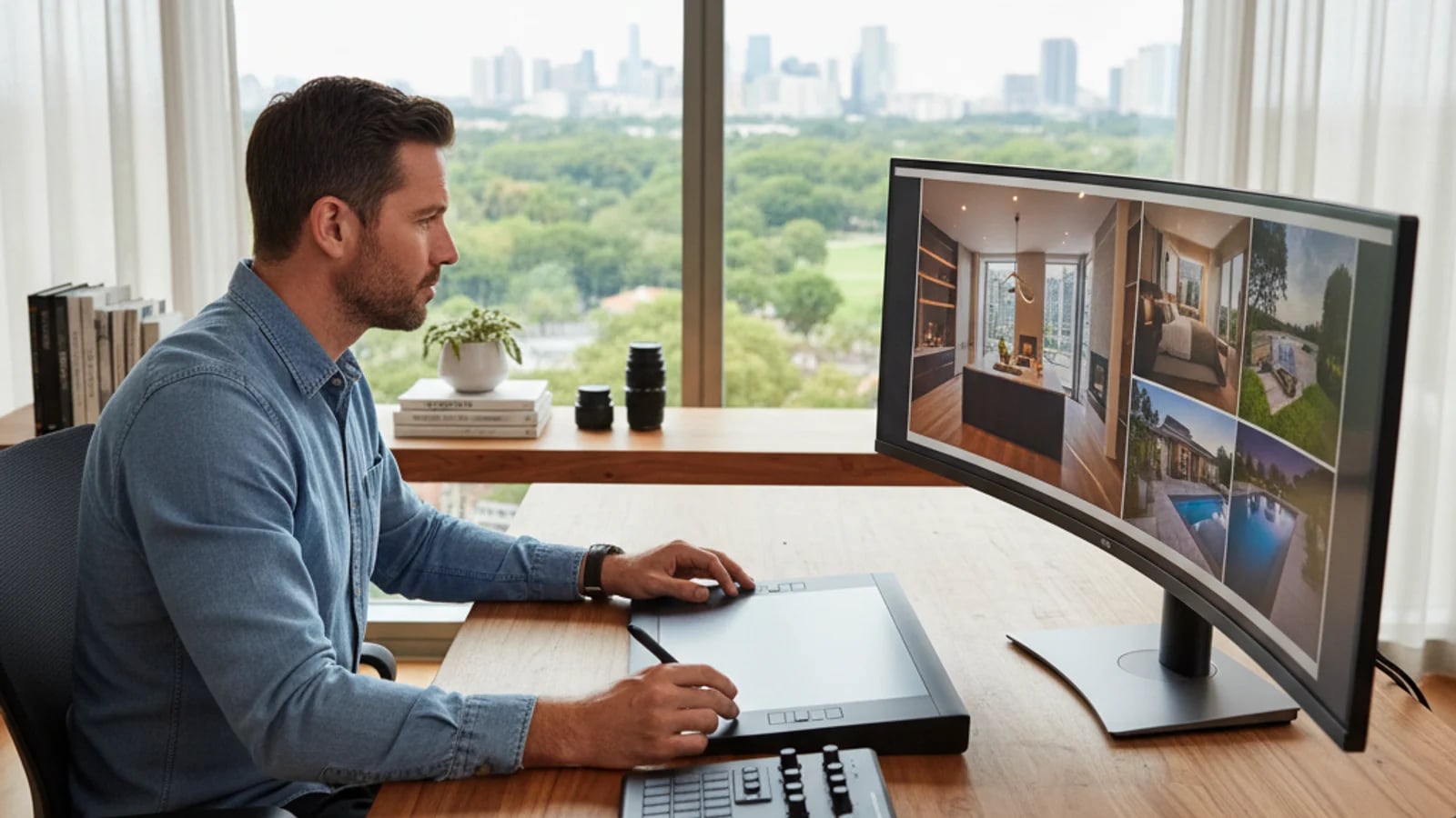 Real estate photographer reviewing editing software outputs on a large monitor