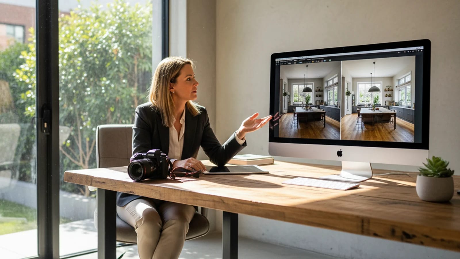 Agent comparing before and after listing photo edits from different software outputs