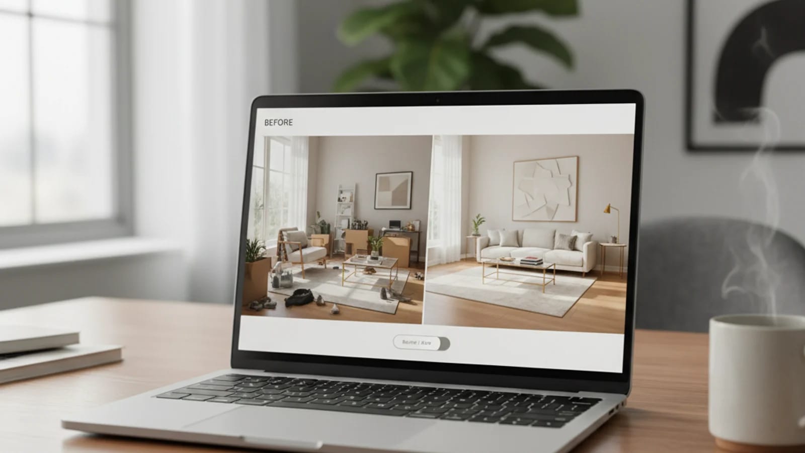 Two-pane editor showing original cluttered room photo next to AI-cleared and virtually staged version