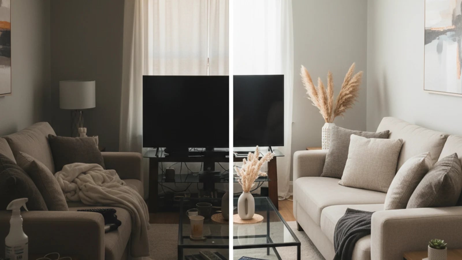 Split composition of a dim cluttered Airbnb living room next to the same room AI-enhanced and decluttered