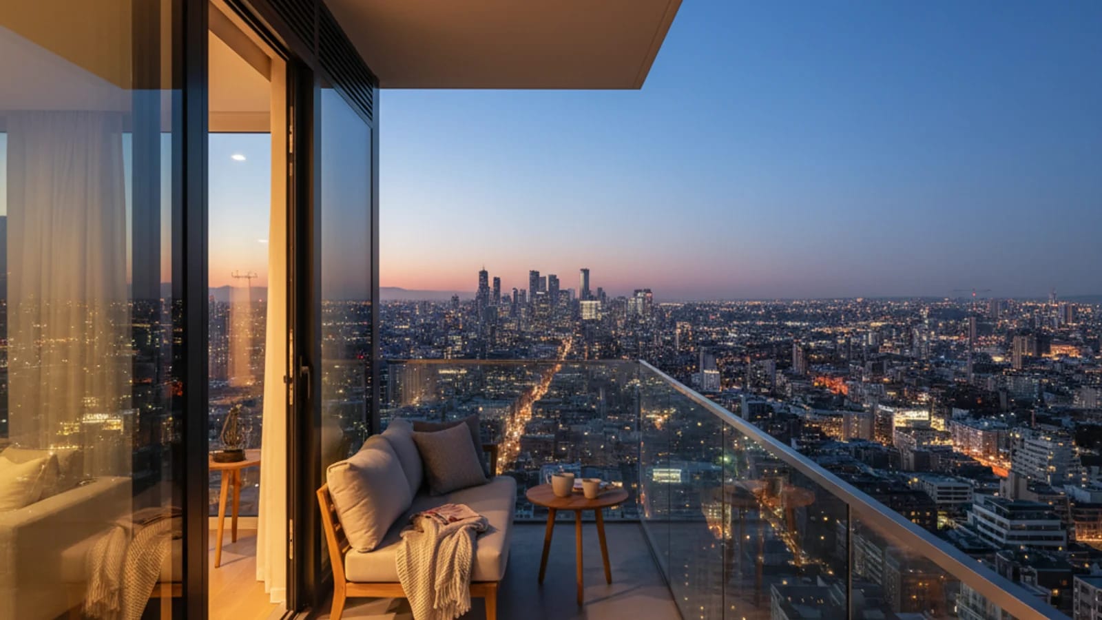 Modern apartment balcony at twilight with balanced interior and exterior lighting overlooking a city skyline