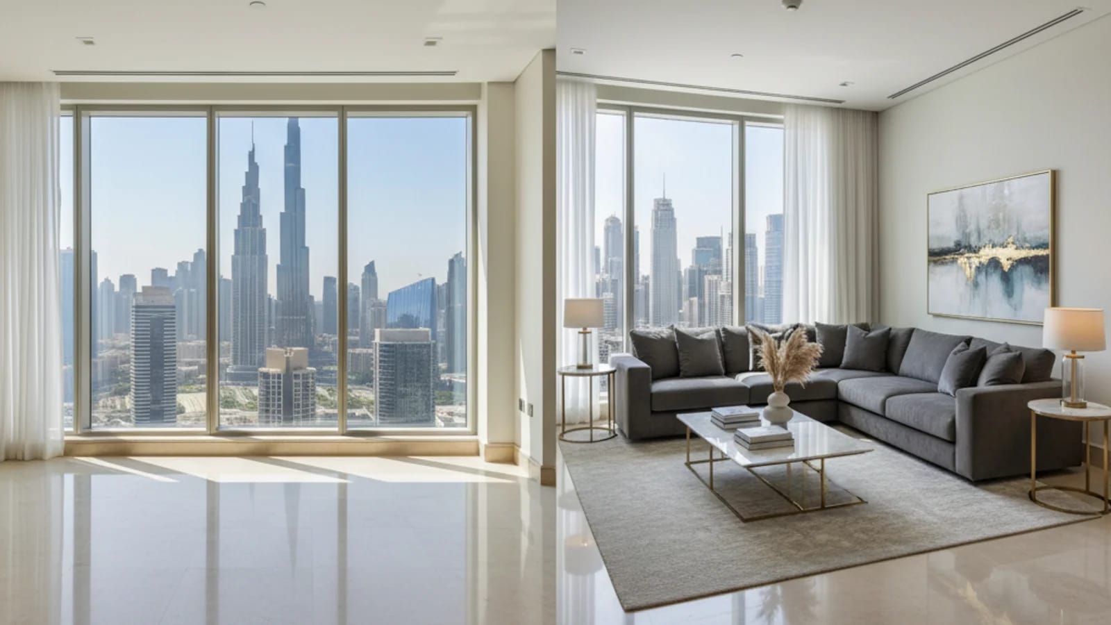 Dubai real estate agent comparing an empty unit with a staged luxury preview