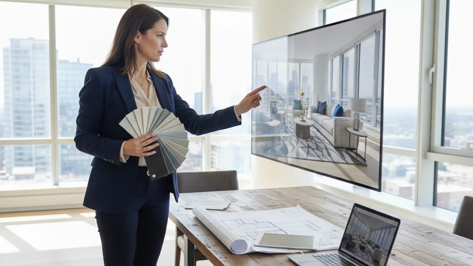 Agent comparing physical staging samples with digital staging previews